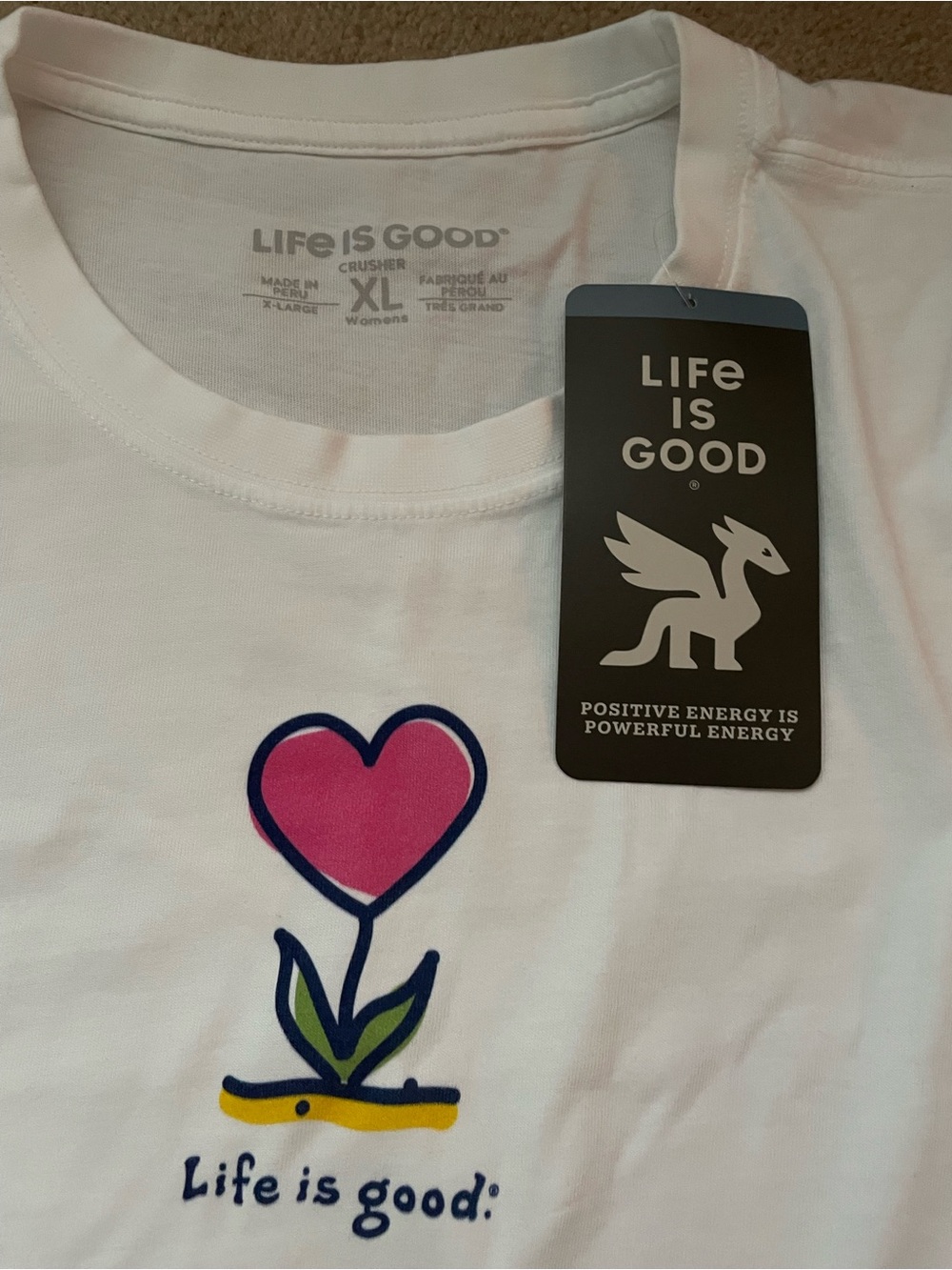 NWT Life Is Good White Tee with Pink Heart Flower Graphic XL
